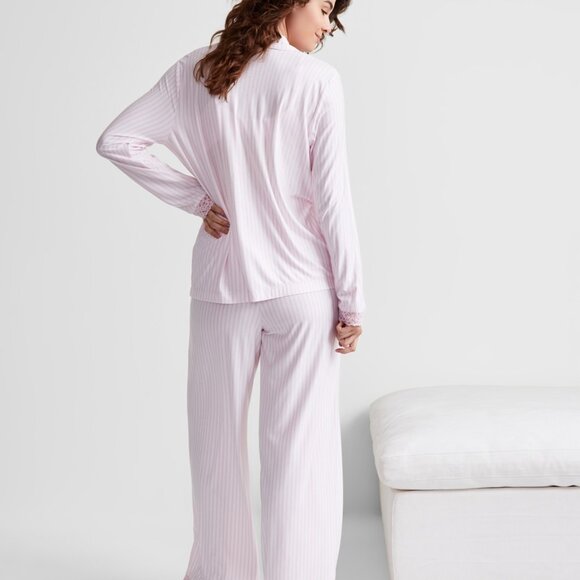#21 State of Day Women's Collared Knit Pajama Set,Pink Stripe - Picture 2 of 3